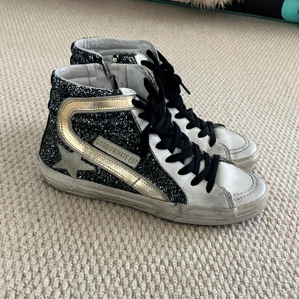 Golden Goose Black Glitter and Gold High-Top Sneakers